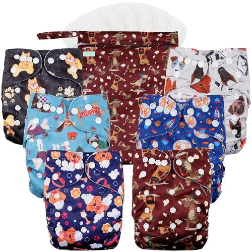 wegreeco Cloth Diapers 6 Pack with 6 Inserts & 1 Wet Bag, Washable Cloth Diapers for Babies, One Size Adjustable Reusable (Little Dogs)