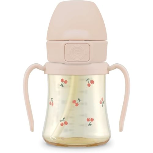 GROSMIMI Flip Top Spill Proof Sippy Cup, PPSU, BPA Free, 6 oz, Stage 2 Straw for Toddlers (Cherry)