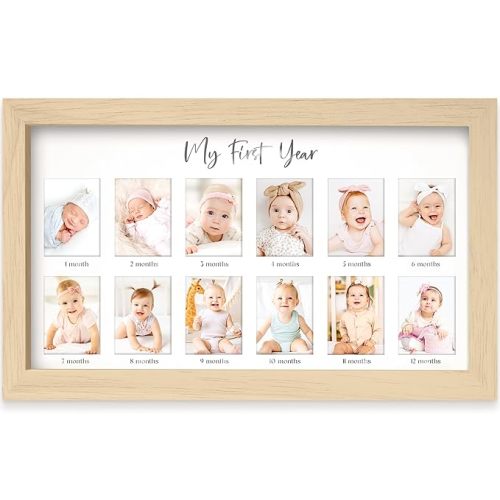 My First Year Photo Frame, 12 Months Baby Picture Frame for Newborn Girl,Boy - Baby Shower Gifts Keepsakes,Monthly Baby's One Year Birthday Milestone,1st Nursery Photo Collage Display Board (Ash Wood)