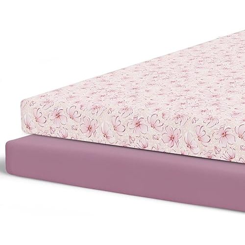 Pobibaby – 2 Pack Pack N Play Sheets and Mini Crib Sheets Fitted, Premium Ultra-Soft Jersey Knit Baby Sheets – Stylish Floral Pattern, Safe and Snug for Standard Playards and Mini Cribs (Blossom)