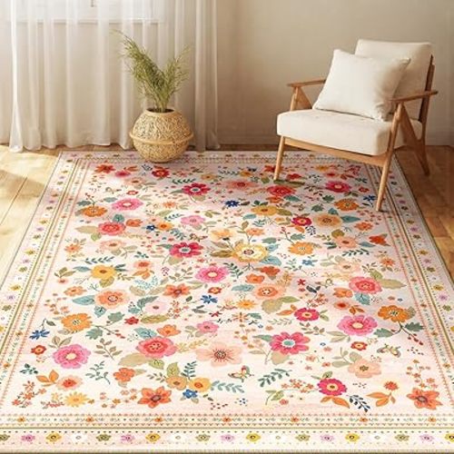 3x5 Area Rugs for Living Room Vacuum-Friendly Machine Washable Area Rug Flower Floral Printed Pattern Low Pile Non-Slip Carpet for Bedroom Hallway Entryway, Pink Beige