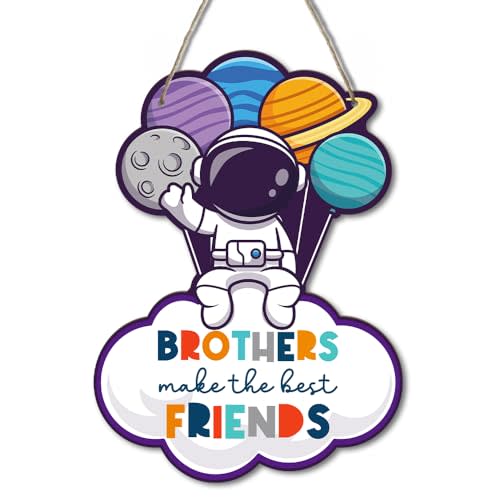 Space Decor for Boys Room Space Themed Bedroom Signs Spacing Astronaut Door Sign Inspirational Quote Brothers Make the Best Friends Hanging Decoration for Boys Room Nursery Playroom Wall Decor