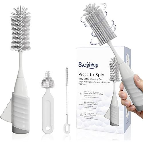 Swishine Baby Bottle Brush Set, Innovative Efficient Press-to-Spin Brush Cleaner - Includes Silicone Bottle Brush, Nipple Brush, Straw Cleaner - Spinning Generates Rich Foam for Deep Cleaning, Gray