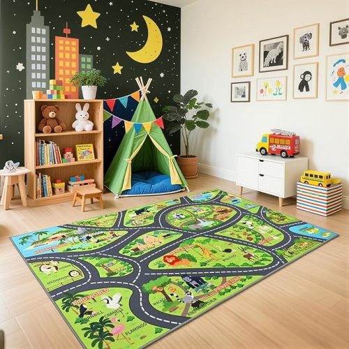Zoo Adventure Kids Car Rug, Cute Animal Play Mat with Non-Slip Backing, Kids Carpet with Lions, Tigers & Giraffes for Educational and Fun Playtime, 60"x36"