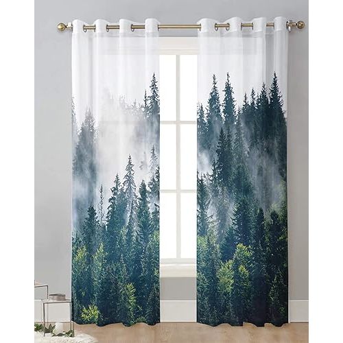 Green Forest Sheer Curtains 39 Inches Long 2 Panel Set, Misty Wood-Land Trees Foggy Dreamy Scene Light-Filtering Semi Sheer Drapes Window Curtains for Living Room/Bedroom 27.5x39x2