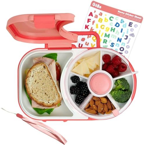 GoBe Kids Lunchbox with Detachable Snack Spinner, Bundle with Hand Strap & Sticker Sheet, Reusable Bento Style Lunch Container, 5 Small +1 Large Sandwich Compartment, BPA & PVC Free, coral pink