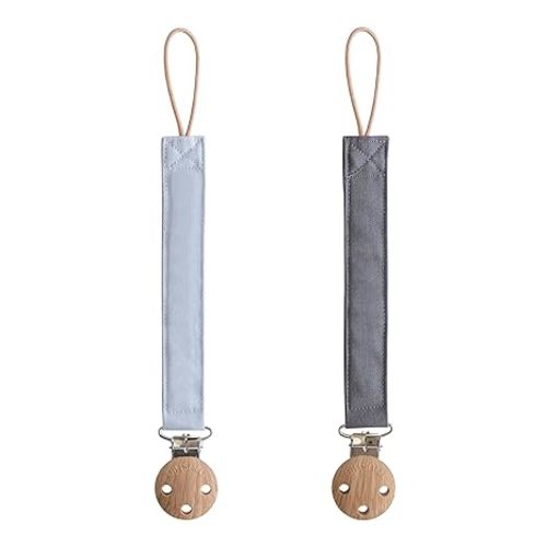 mushie Linen Baby Pacifier Clip Holder | Soft Fabric Strap, 2-Pack (Powder Blue/Deep Sea)