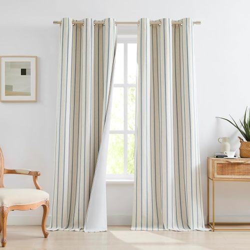 Dusty Blue Striped Blackout Curtain Panels 84 Inches Length