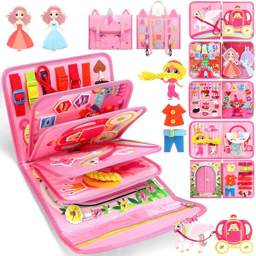 Flybay Busy Board Montessori Toys for Girls, Busy Book for 1-3 Year Old, Sensory Educational Activities for Learning Fine Motor Skills, Toddler Toys