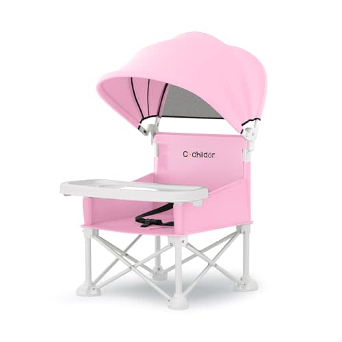 Cochildor 4-in-1 Portable Baby Chair, Foldable Toddler Booster Seat with Removable Tray, Canopy & Safety Harness, Pink