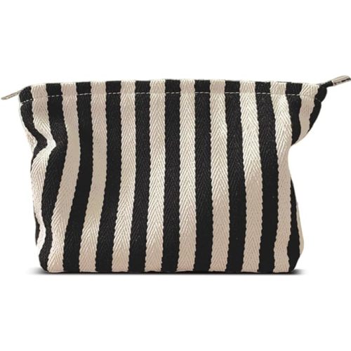 HAPPYHEIDI Large Stripe Makeup Bag Cosmetic Toiletry Travel Pouch, Purse Organizer, Canvas Lined, Black White, Large