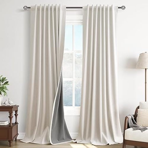 100% Blackout Linen Curtains 84 Inch Length 2 Panels Set Neutral Boho Farmhouse for Bedroom Windows Living Room Darkening Thermal Insulated Drapes Beige Cream Ivory 7ft Long Back Tab Pleated Pocket