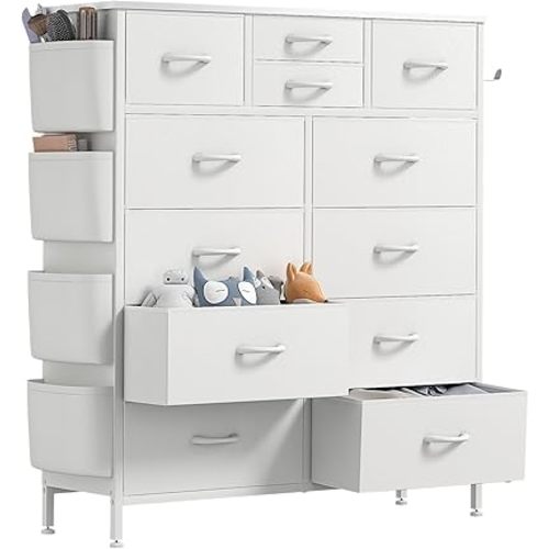 Lulive Fabric Dresser for Bedroom, Tall Dresser Chest of Drawers with Side White Pockets and Hooks, Free Standing Organizer White