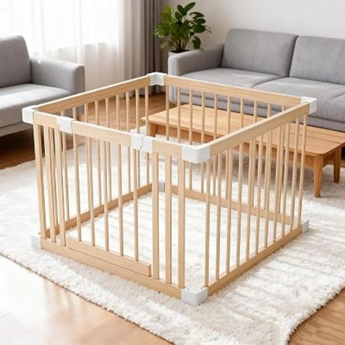 Baby Playpen, Foldable Wooden Play Yard with Gate, Playpen for Babies and Toddlers, Adjustable Baby Activity Center with Child Proof Lock, Fence Play Area for Toddlers 6 to 36 Months(35.1 * 34inch)