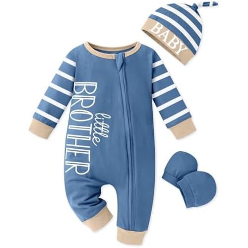 Baby Boy Clothes Newborn Baby Romper Long Sleeve Stripe Jumpsuit with Hat and Gloves Newborn Boy Outfits