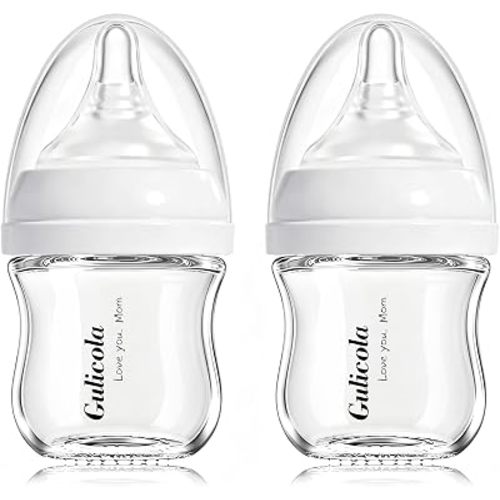 Gulicola Small Glass Baby Bottle for Newborn Breastfeeding Babies, Preemie & Extra Slow Flow Nipples (SS), Anti-Colic, Breast-Like, 0 Months+, 3 oz, 2 Pack - White