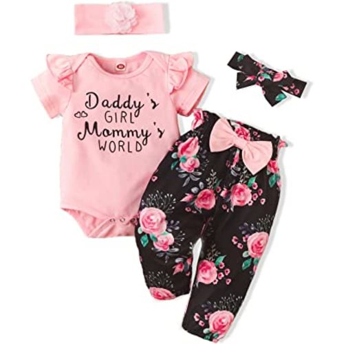 AMAWMW Newborn Baby Girl Clothes Infant Baby Ruffle Romper Pants Summer Outfits 4PCS Gifts Set Toddler Girls' Clothing