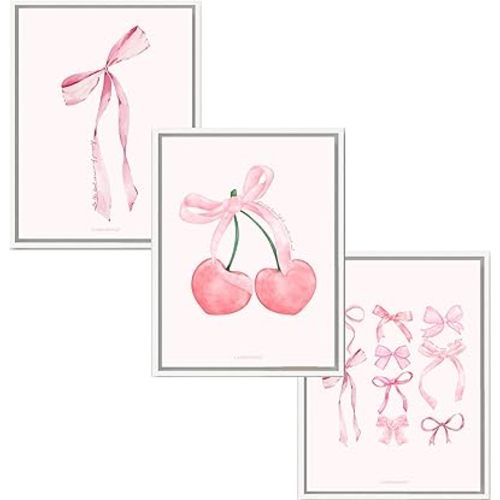 LARKINROAD 3 Pink Bow and Cherry Decor Posters, Wall Art - 12 x 16 Unframed - Preppy Dorm, Room Decor Aesthetic, Coquette Pink Decor - Eco-Friendly, Made in USA