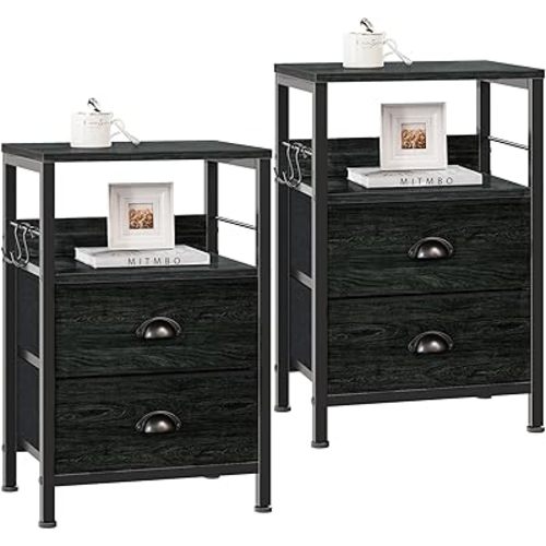 Furologee Nightstands Set 2, Night Stand with 2 Fabric Drawers, Bedside Tables with Open Shelf, Wooden Top, Hooks, Backboard Design, Metal Frame, End Tables for Bedroom/Living Room/Study/Black Oak