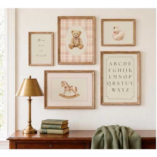 Girls Nursery Wall Art Set of 5, Vintage Teddy Bear Prints, Blush Plaid Nursery Decor, Rocking Horse & Swan Art, Baby Room Decor