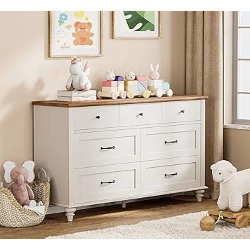 WAMPAT Kids Dresser with 7 Drawers for Bedroom, White Baby Dresser for Nursery & Kids Room, Mid Century Modern Chests & Dressers, Distressed Wide Dresser Organizer for Children’s Bedroom, 54 Inch