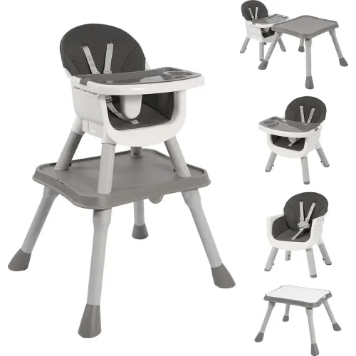 Convertible Baby 6-in-1 High Chair, for Children 6-36 Months with Safety Harness, Removable Tray & PU Cushion, Gray