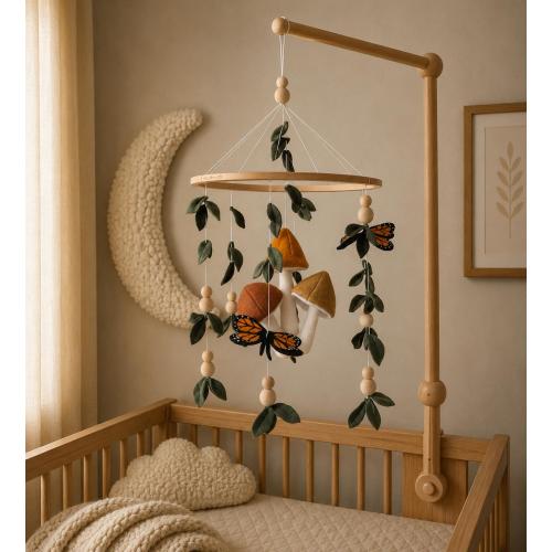 Monarch butterfly, Mushrooms Forest style baby crib mobile, Floral nursery baby mobile, Lighter and darker leaves Leaf crib mobile Butterfly