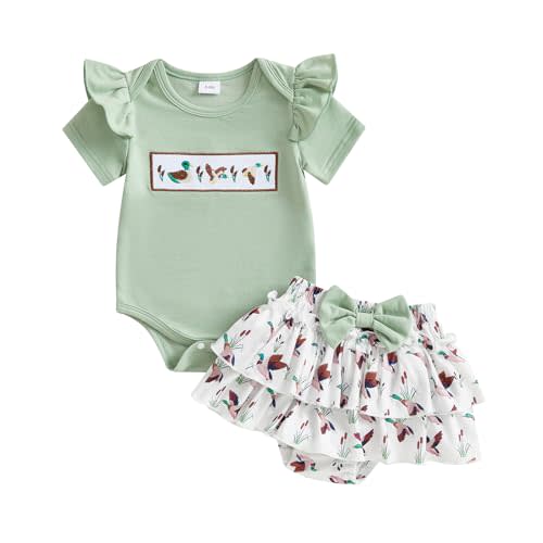Afunbaby Newborn Baby Girl Outfit Mallard-Duck Embroidered Short Sleeve Romper Shirt Onesie Tutu Skirt Summer Outfit Set
