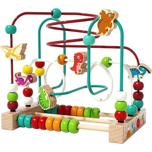 Wooden Bead Maze Roller Coaster Toys for Toddlers, Dinosaur Colorful Shape Montessori Toys for 2-3 Year Old, Educational Learning Counting Toy for Baby Kids, Gift for Girls Boys