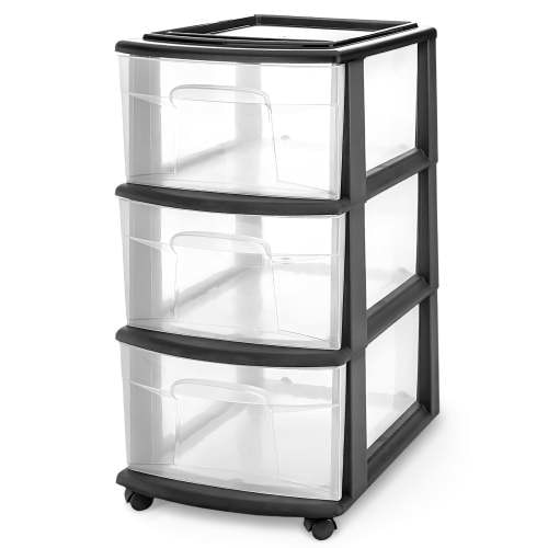 HOMZ 3-Drawer Cart Organizer with Removeable Wheels, Medium, Black & Clear