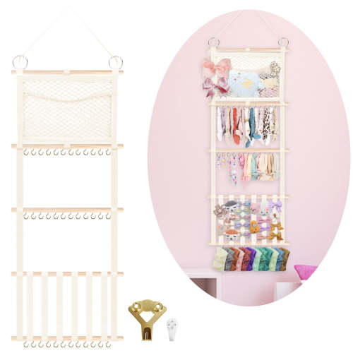 ZUEXT Headband Holder 52x17 inch, Hair Bow Organizer for Baby Girls, Beige Wall Hanging Wood Headband Organizers w/Storage Net, Hair Accessories Storage Hanger for Toddler Kids Nursery Room Decor
