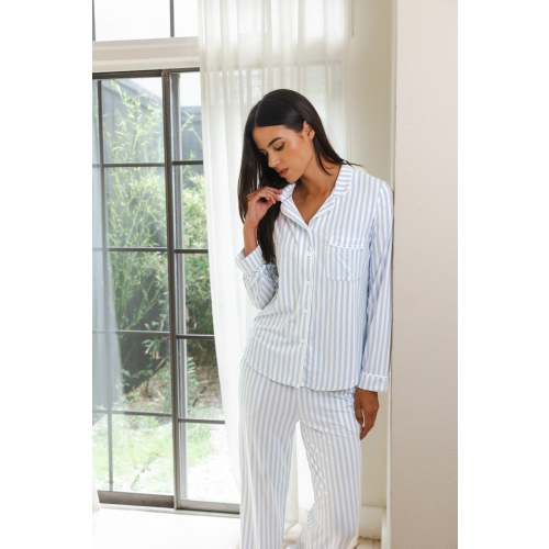 Long-Sleeved Women's Pajama Set in Small Mist Stripe with Cloud Trim