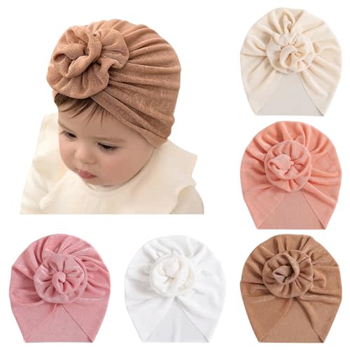 DRESHOW BQUBO 5 Pieces Newborn Baby Turban Hats Bow Baby Infant Beanie Breathable Toddler Cap for Baby Girls