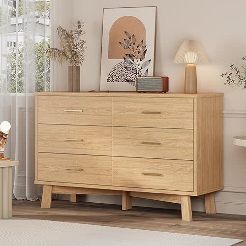 Xixini Dresser for Bedroom, 6 Drawer Wide Modern Chest of Drawers with X-Shaped Sturdy Base, Wood Double Dresser Closet Clothes Storage Organizer, Wooden TV Stand for Living Room, Hallway, Oak