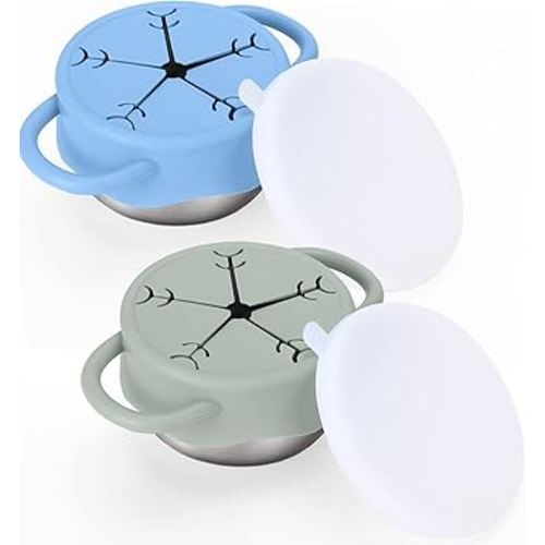 BUSOHA 2 Pack Stainless Steel Toddler Snack Cups - 12 OZ Spill-Proof Baby Snack Containers with Silicone Catcher and Lid Travel Snack Containers for Kids Food Grade Silicone Dishwasher Safe