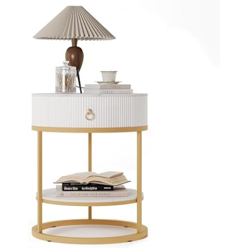 COSIEST Round Nightstand with Drawer, Modern Nightstand with Faux Marble Tabletop, 2-Tier Small Round End Table, Wood Bedside Table Side Table for Bedroom, Dorm, Small Spaces, White and Gold