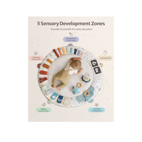 Blissful Diary Baby Play Gym & Activity Mat, 5 Developmental Zones Wooden Tummy Time Mat with 6 Detachable Sensory Toys for Motor Skills & Sensory Development, Baby Essentials Shower Gift