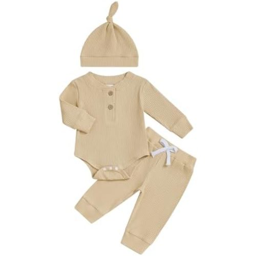 Newborn Baby Boy Clothes Long Sleeve Ribbed Bodysuit Pants Hat 3-Piece Outfit Set