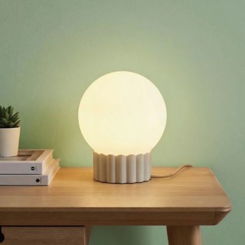 Opal Glass Globe Table Lamp with Ribbed Resin Base and Dimmer Switch,White