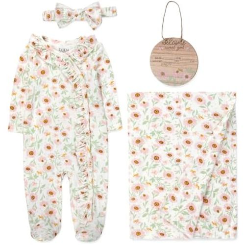 Newborn Baby 4 Piece Coming Home Outfit Gift Set – Footie Sleeper, Blanket, Headband & Ornament for Boys & Girls