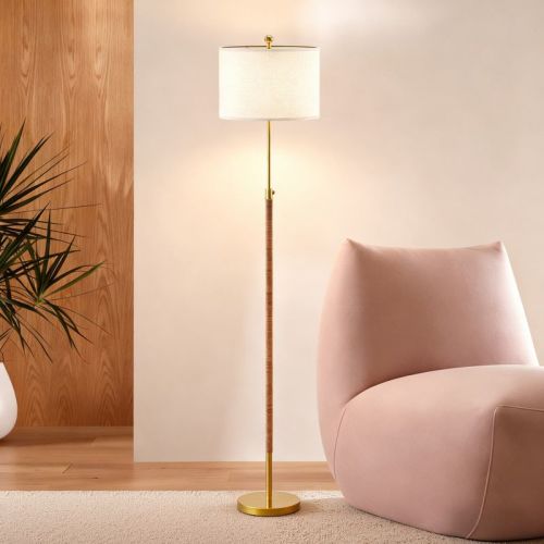 Maxax Farmhouse Rattan Floor Lamp,Boho Gold Adjustable Height Standing Lamp with Oatmeal Shade for Bedroom Office Living Room