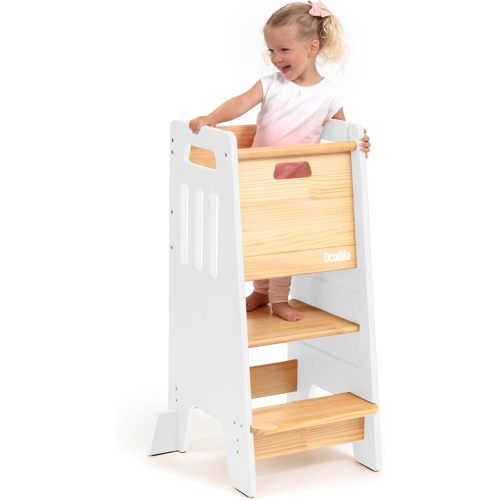 OCODILE Toddler Tower with a Sliding Door and 3 Adjustable Heights - Safe Toddler Kitchen Stool Helper with Support Feet - Updated Design for 18+ Months to 6-Year-Old Kids - White