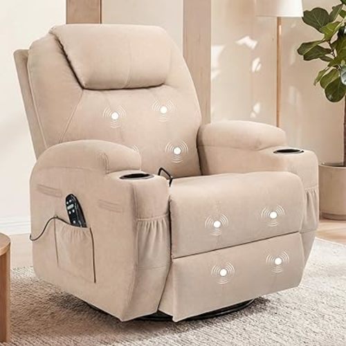 Flamaker Rocker Recliner Chair, Small Rocking Recliner for Small Spaces,360 Rocker Recliner with Vibration Massage, Upholstered Fabric Recliner Chair for Living Room, Nursery (Beige)