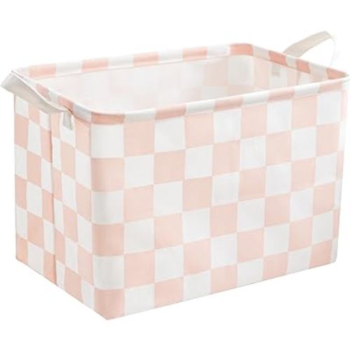 Pink White Checkered Canvas Basket, Rectangular Organizing Decorative Storage Basket for Kids Girls Dog Cat Toy, Cute Aesthetic Checkered Room Decor for Home, Bedroom, Classroom, Shelves