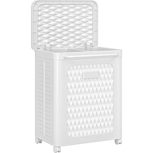 VECELO Rolling Laundry Hamper with Wheels and Lid, Foldable Plastic Laundry Basket with Handle, Rolling Divided Laundry Cart for Small Spaces, Laundry, Bathroom, Bedroom, White