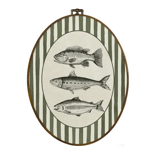 dvhdajed Vintage Fishing Hunting Oval Wall Art Decor, Wood land Cabin Lake Fish Framed Canvas Art, Farmhouse Fish Decorations, Rustic Green Striped Wall Hanging Decor for Boys Room Bedroom, 8.7x11.3