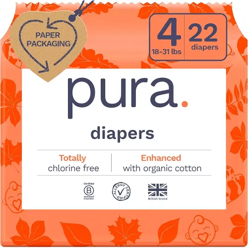 Pura Size 4 Eco-Friendly Diapers (18-31lbs) Totally Chlorine Free (TCF) Hypoallergenic, Soft Organic Cotton, Sustainable Comfort, up to 12 Hours Leak Protection, Allergy UK, 22 Diapers (Pack of 1)