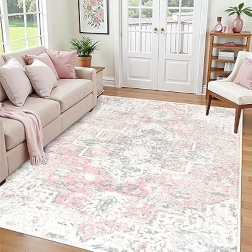 Area Rug 5x7 Pink and Grey Non Slip Washable Rugs for Bedroom Girls, Boho Accent Rug Indoor Vintage Mat Soft Pink Printed Floor Carpet for Nursery Dining Room Living Room
