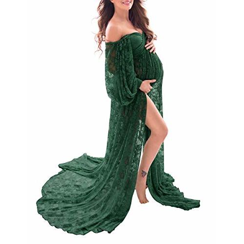 Saslax Sheer Lace Off Shoulder Maternity Maxi Dress for Photoshoot | Soft flowy boho A‑Line pregnancy gown with double split, ideal for photoshoot, baby shower and beach occasions