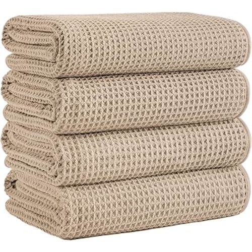 Microfiber Waffle Bath Towels, 4 Pieces, Soft, Absorbent, Fast Drying, Lint Free (Beige)